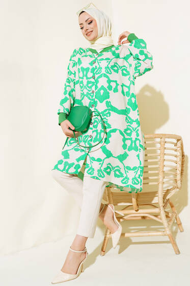 Ribanalı Gömlek Yeşil Bej - Gömlek