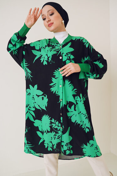 Ribanalı Gömlek Yeşil Siyah - Gömlek