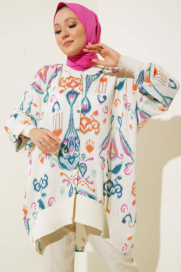 Ribanalı Otantik Desen Düğmeli Tunik Bej - Tunik