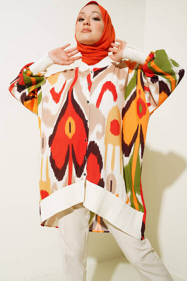 Ribanalı Otantik Desen Düğmeli Tunik Camel - Tunik