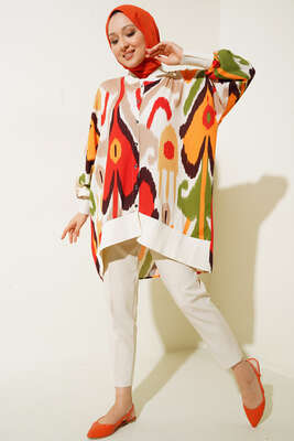 Ribanalı Otantik Desen Düğmeli Tunik Camel - Tunik