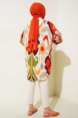 Ribanalı Otantik Desen Düğmeli Tunik Camel - Tunik