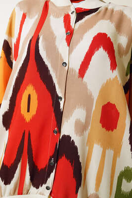 Ribanalı Otantik Desen Düğmeli Tunik Camel - Tunik