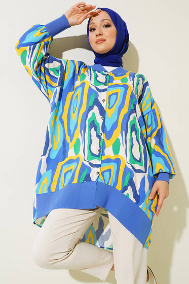 Ribanalı Otantik Desen Düğmeli Tunik İndigo - Tunik