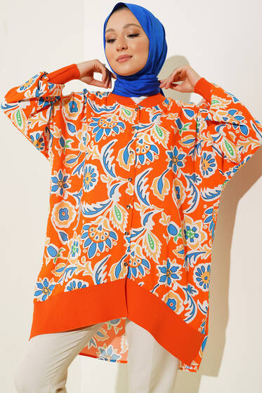Ribanalı Otantik Desen Düğmeli Tunik Oranj - Tunik
