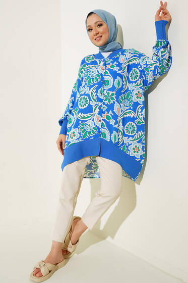 Ribanalı Otantik Desen Düğmeli Tunik Saks - Tunik