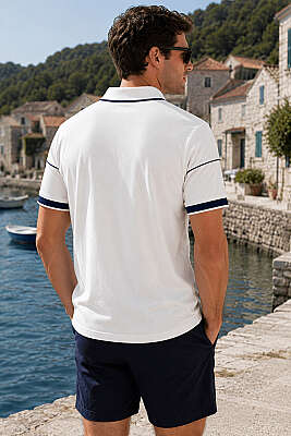 Ribanalı Polo Yaka Fermuarlı Erkek T-shirt Beyaz - Erkek T-shirt