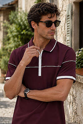 Ribanalı Polo Yaka Fermuarlı Erkek T-shirt Bordo 
