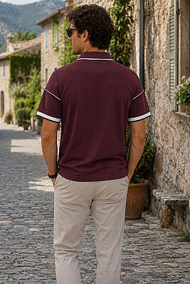 Ribanalı Polo Yaka Fermuarlı Erkek T-shirt Bordo - Erkek T-shirt