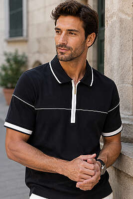 Ribanalı Polo Yaka Fermuarlı Erkek T-shirt Siyah 