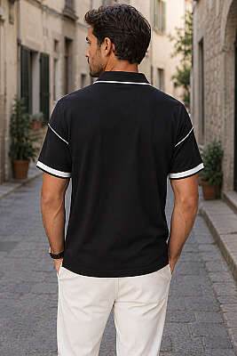 Ribanalı Polo Yaka Fermuarlı Erkek T-shirt Siyah - Erkek T-shirt