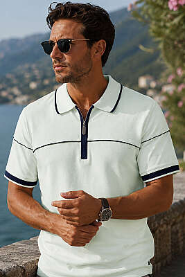 Ribanalı Polo Yaka Fermuarlı Erkek T-shirt Su Yeşili 