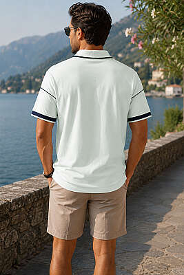 Ribanalı Polo Yaka Fermuarlı Erkek T-shirt Su Yeşili - Erkek T-shirt