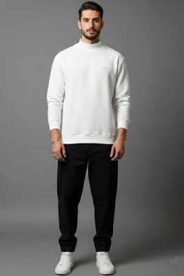 Ribanalı Selanik Erkek Sweatshirt Beyaz - Erkek Sweatshirt