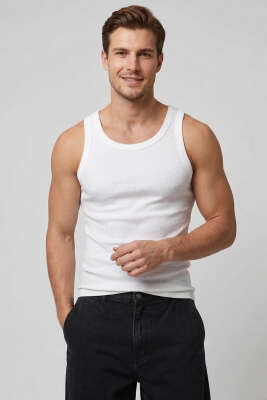 Ribanalı Sıfır Kol Erkek Sporcu Atlet Ekru 