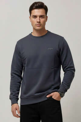 Ribanalı Yaka Yazılı Erkek Sweatshirt Füme - DYNAMO