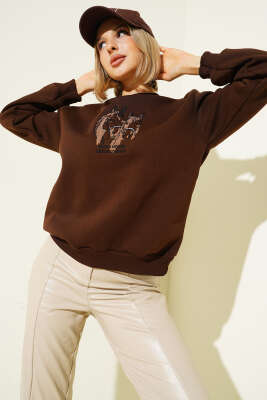 Ride A Cowboy Baskılı Sweatshirt Kahve - Kadın Giyim Modelleri