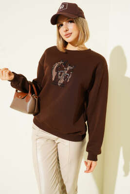 Ride A Cowboy Baskılı Sweatshirt Kahve - Kadın Giyim Modelleri
