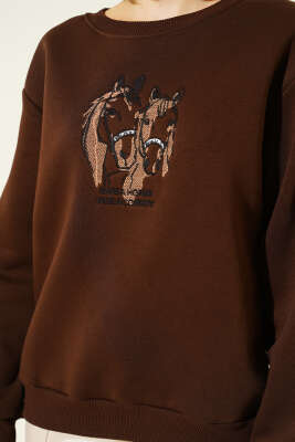 Ride A Cowboy Baskılı Sweatshirt Kahve - Kadın Giyim Modelleri