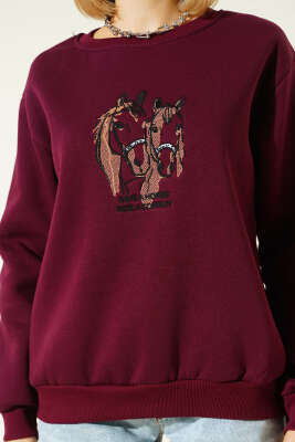 Ride A Cowboy Baskılı Sweatshirt Mürdüm - Kadın Giyim Modelleri