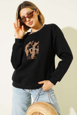 Ride A Cowboy Baskılı Sweatshirt Siyah - Kadın Giyim Modelleri