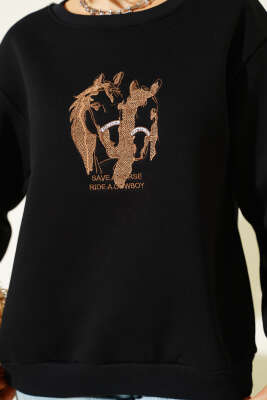 Ride A Cowboy Baskılı Sweatshirt Siyah - Kadın Giyim Modelleri