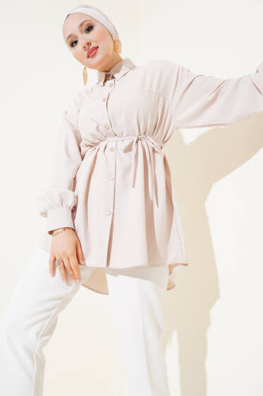 Roba Dikişli İp Kuşaklı Gömlek Bej - Gömlek