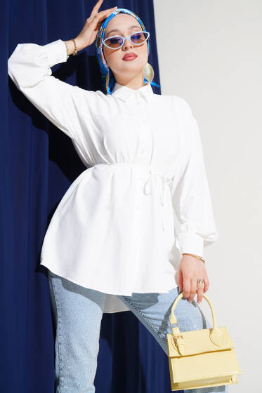 Roba Dikişli İp Kuşaklı Gömlek Beyaz - Gömlek