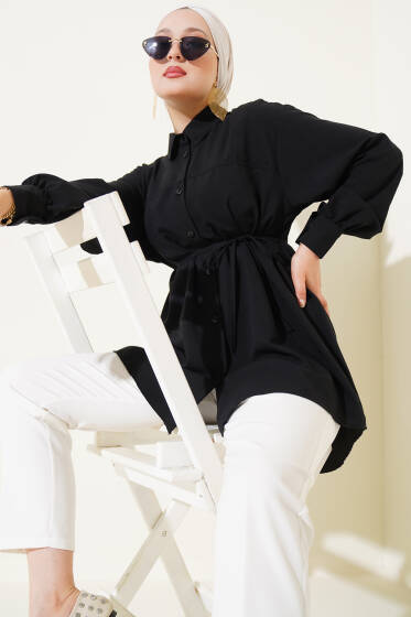 Roba Dikişli İp Kuşaklı Gömlek Siyah - Gömlek