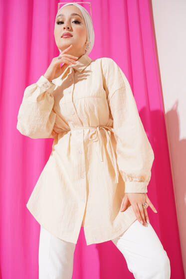 Robalı Balon Kol Kuşaklı Gömlek Bej - Gömlek