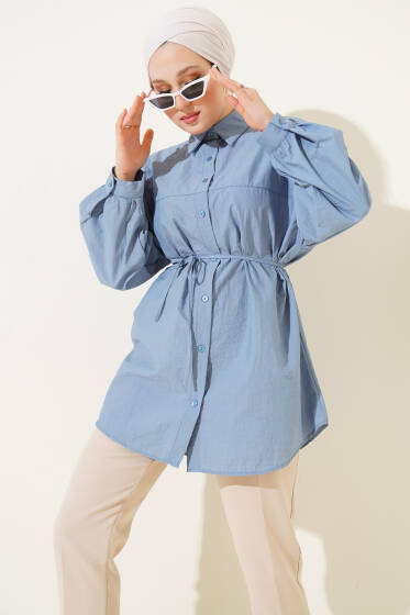 Robalı Balon Kol Kuşaklı Gömlek İndigo - Gömlek