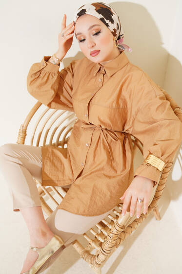 Robalı Balon Kol Kuşaklı Gömlek Latte - Gömlek