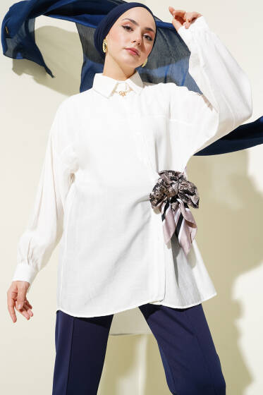 Robalı İp Kuşaklı Gömlek Ekru - Gömlek