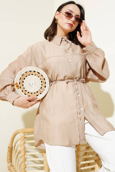 Robalı İp Kuşaklı Gömlek Latte - Gömlek