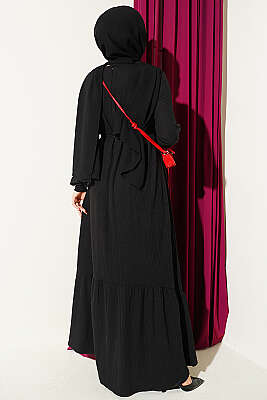 Robalı Kendinden Desenli Elbise Siyah - Fendel