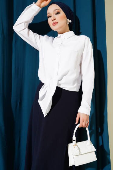 Robalı Önü Bağlamalı Kısa Gömlek Beyaz - Gömlek