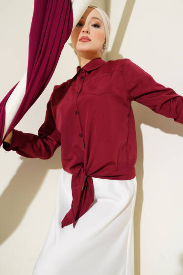 Robalı Önü Bağlamalı Kısa Gömlek Bordo - Gömlek