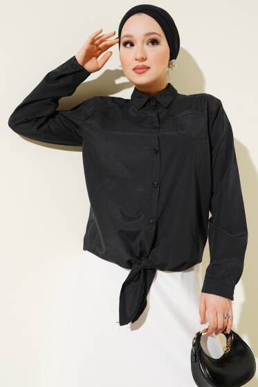 Robalı Önü Bağlamalı Kısa Gömlek Siyah - Gömlek