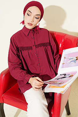 Robası Dantelli Poplin Gömlek Bordo - NEVA MODA