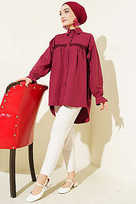 Robası Dantelli Poplin Gömlek Bordo - Gömlek
