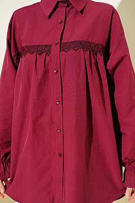 Robası Dantelli Poplin Gömlek Bordo - Gömlek