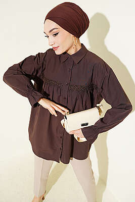 Robası Dantelli Poplin Gömlek Kahve - NEVA MODA