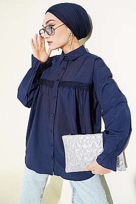 Robası Dantelli Poplin Gömlek Lacivert - NEVA MODA