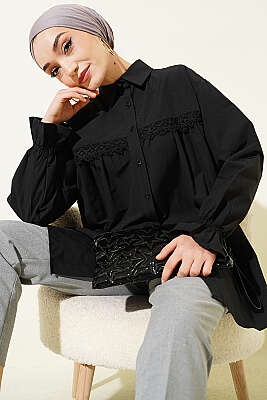 Robası Dantelli Poplin Gömlek Siyah - NEVA MODA