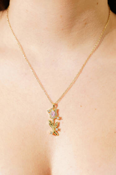 Romantik Gül Motifli Pembe Taş Kolye Gold - Kolye