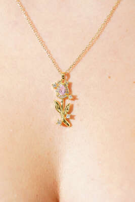 Romantik Gül Motifli Pembe Taş Kolye Gold - Yılın Fırsatı