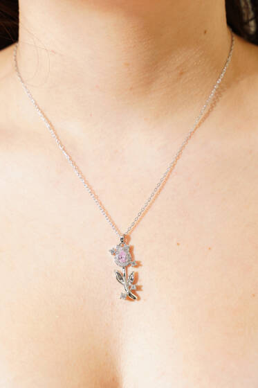 Romantik Gül Motifli Pembe Taş Kolye Gümüş - Kolye