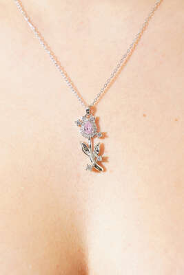 Romantik Gül Motifli Pembe Taş Kolye Gümüş - Yılın Fırsatı