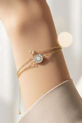 Romen Taşlı Zincir Bileklik Gold 