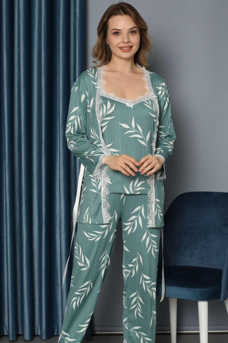 Sabahlıklı Üçlü Pijama Takımı Çağla Yeşil